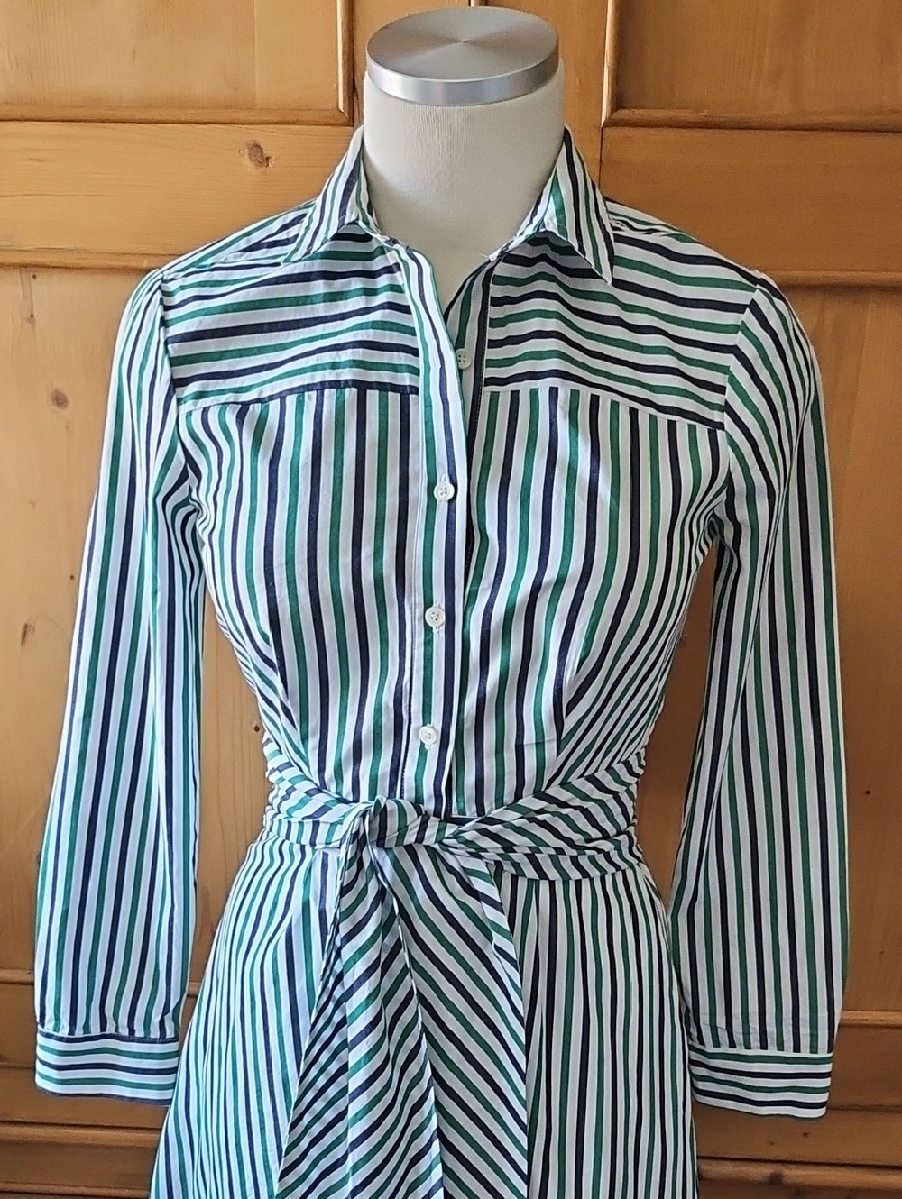 J Crew Tie Waist Shirt Dress Navy/ Green/ White Stripes Size 00 - Picture 6 of 11